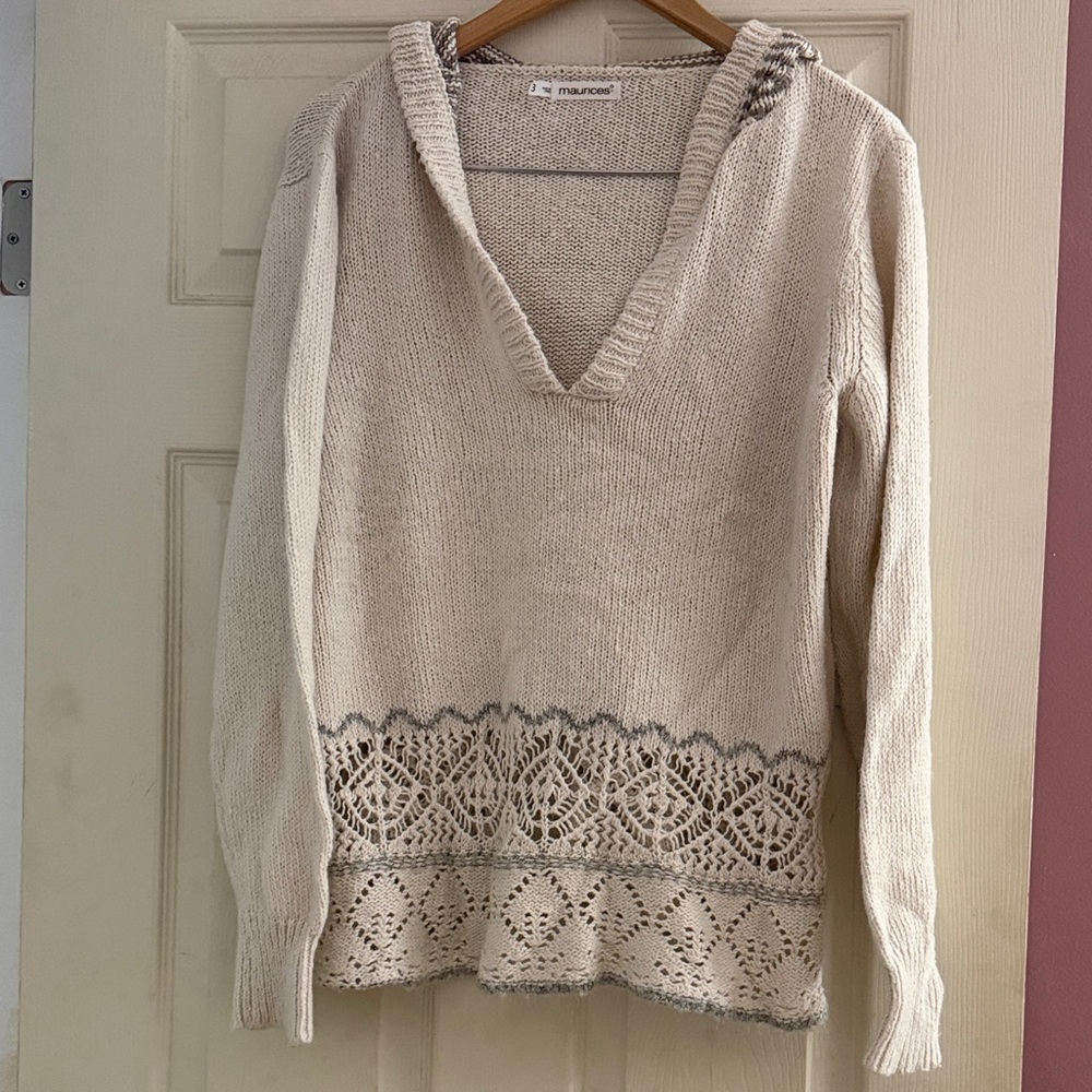 Maurices Cream V-Neck Sweater with Crochet Hem